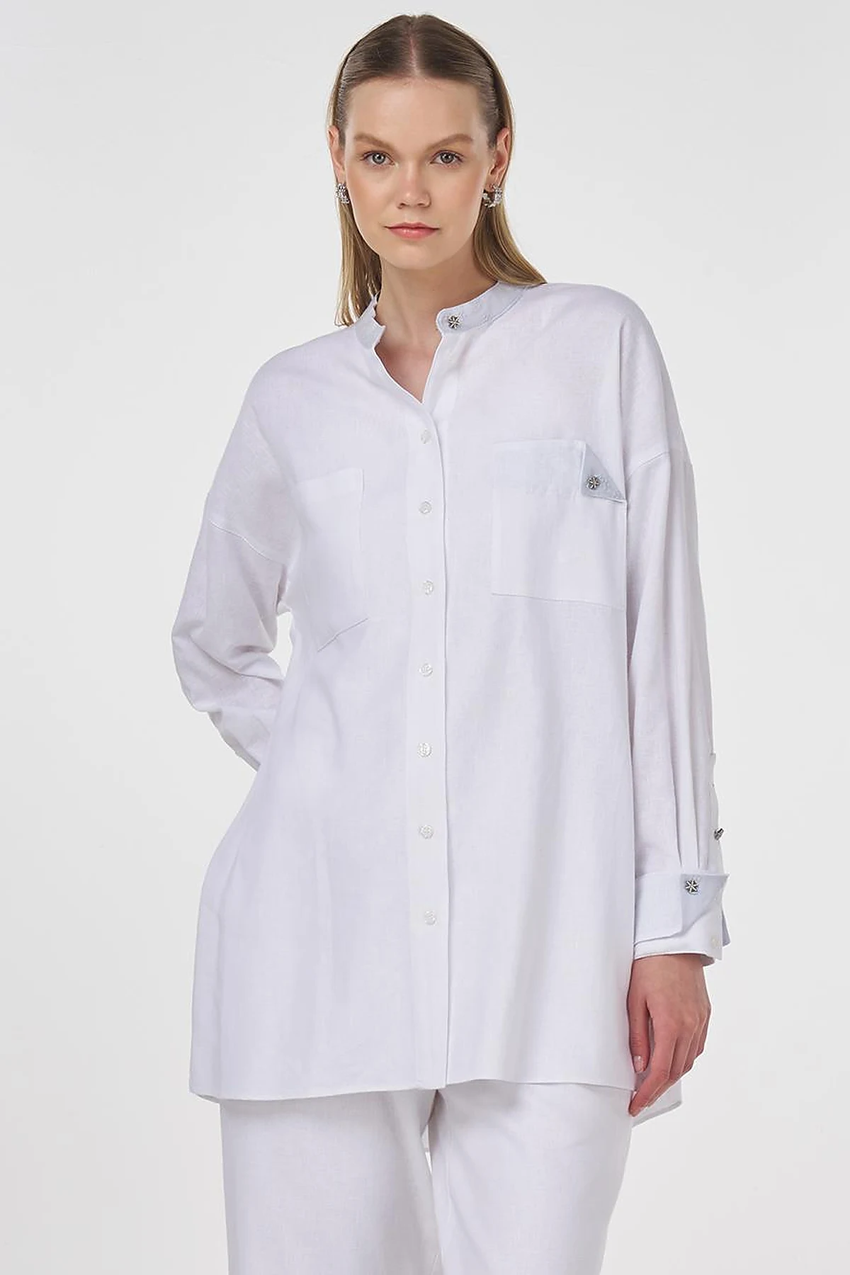 Mandarin Collar Linen Viscose Tunic Optic White 
