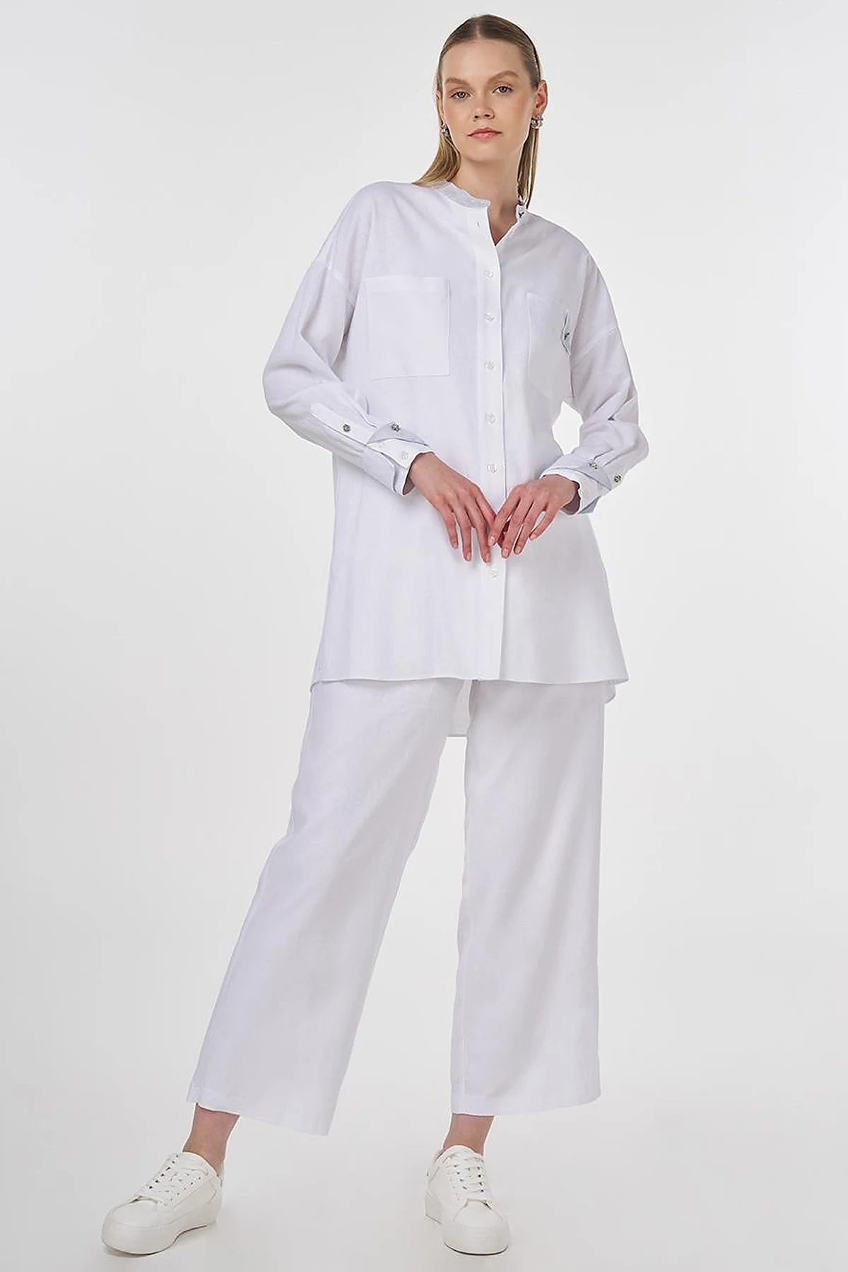 Mandarin Collar Linen Viscose Tunic Optic White 