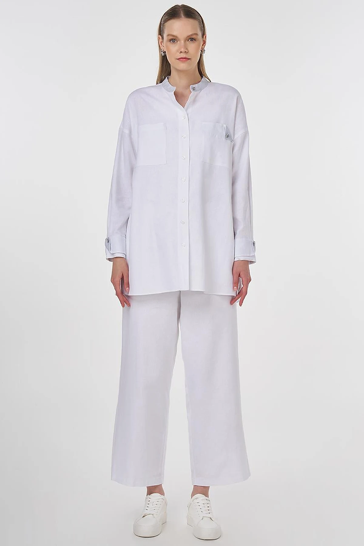 Mandarin Collar Linen Viscose Tunic Optic White 