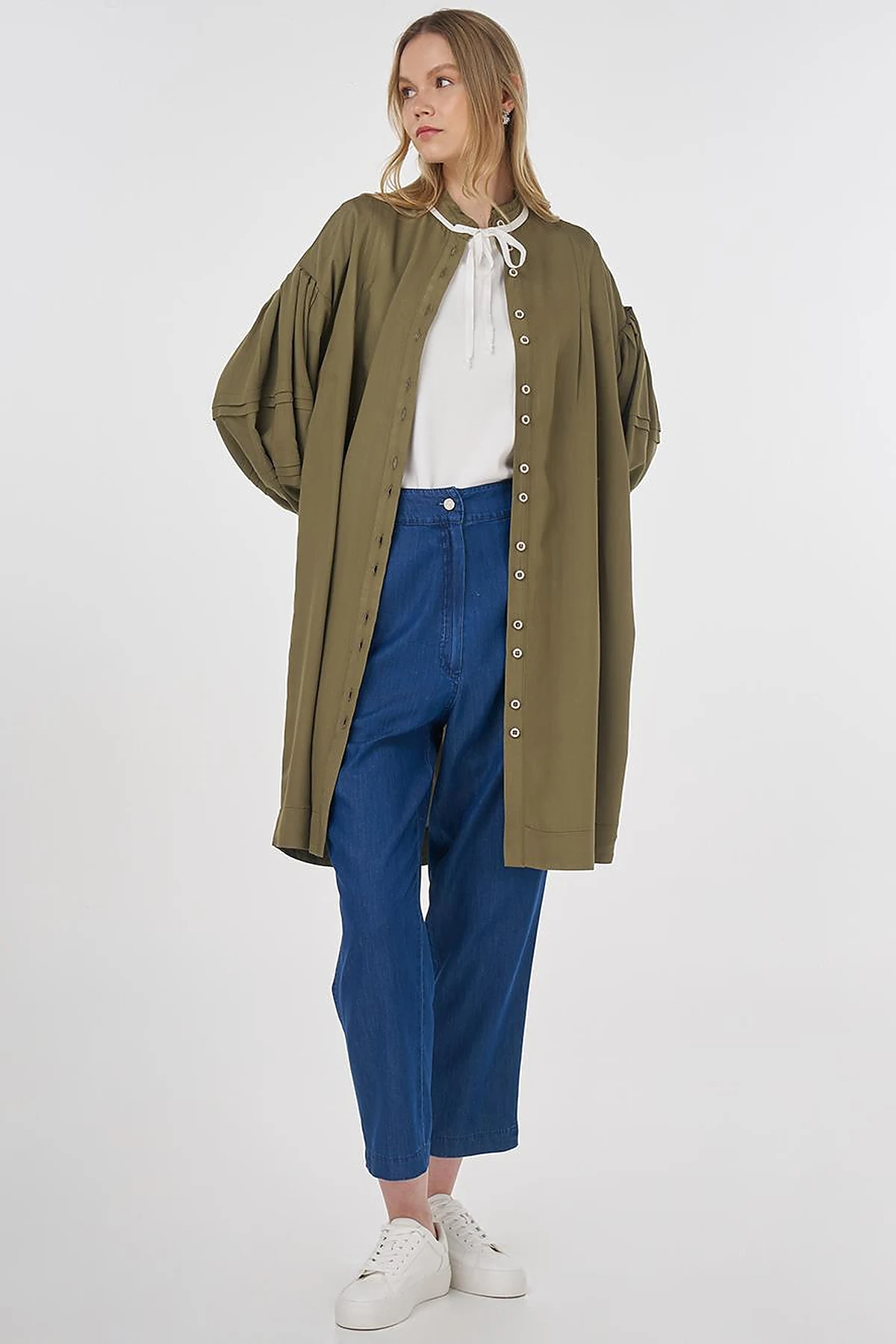 Pintuck Seam Viscose Tunic Khaki