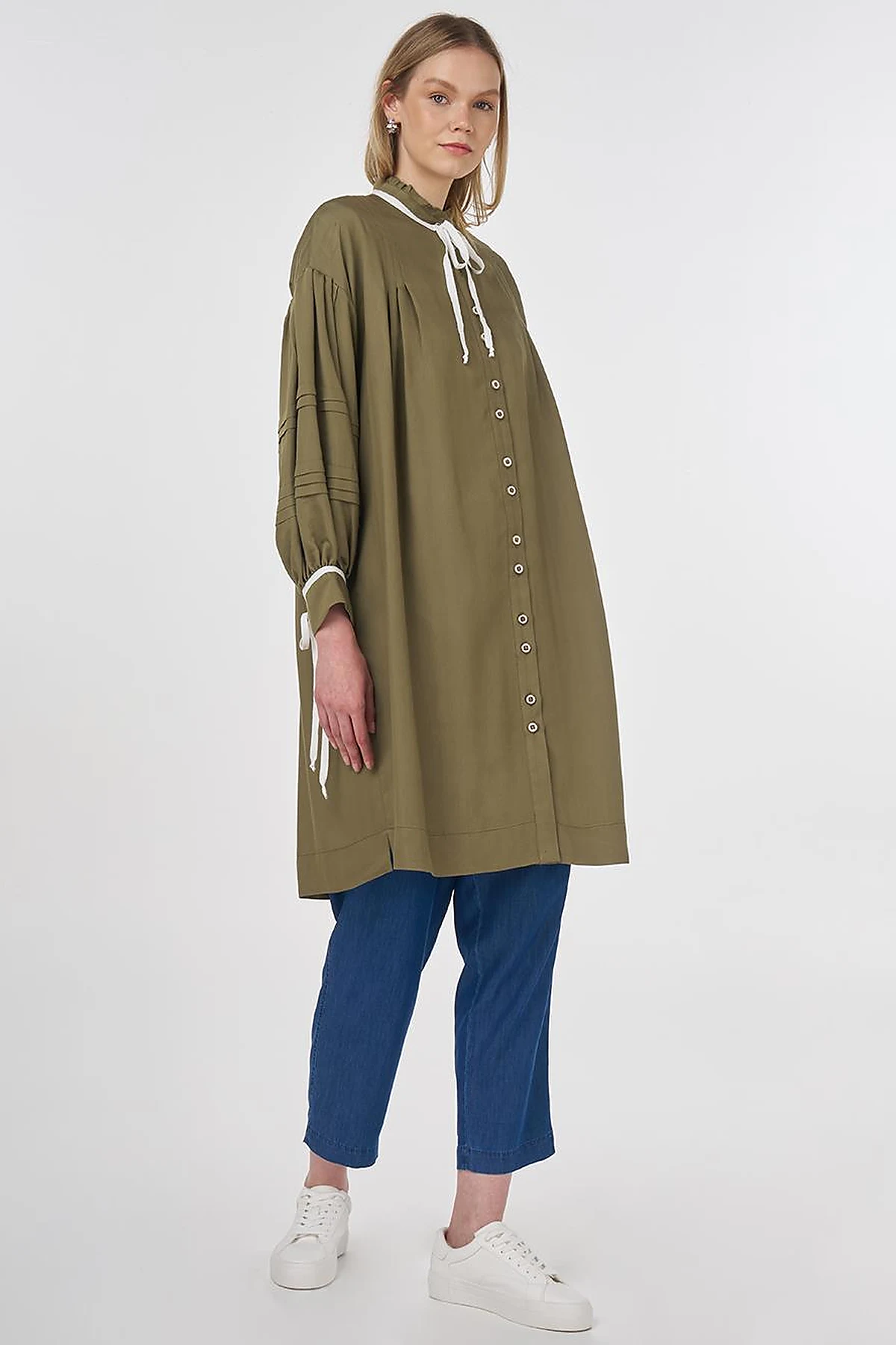 Pintuck Seam Viscose Tunic Khaki