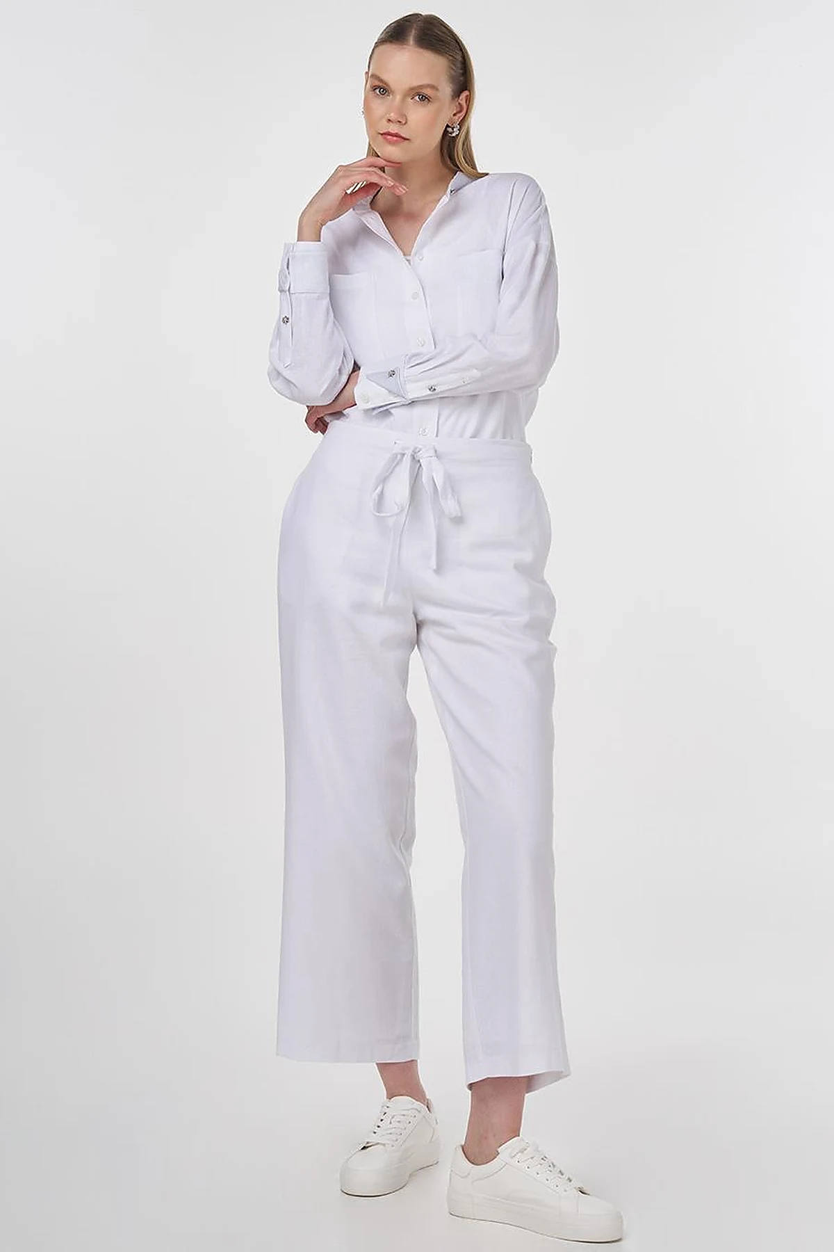 High-Waisted Viscose Linen Pants Optical White