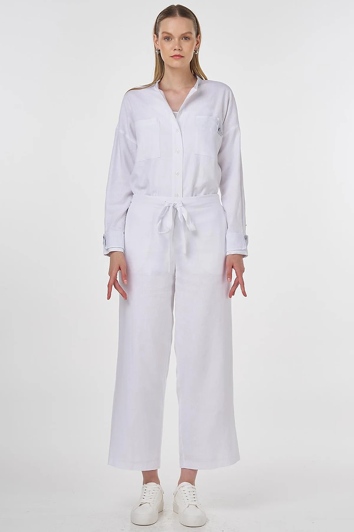 High-Waisted Viscose Linen Pants Optical White