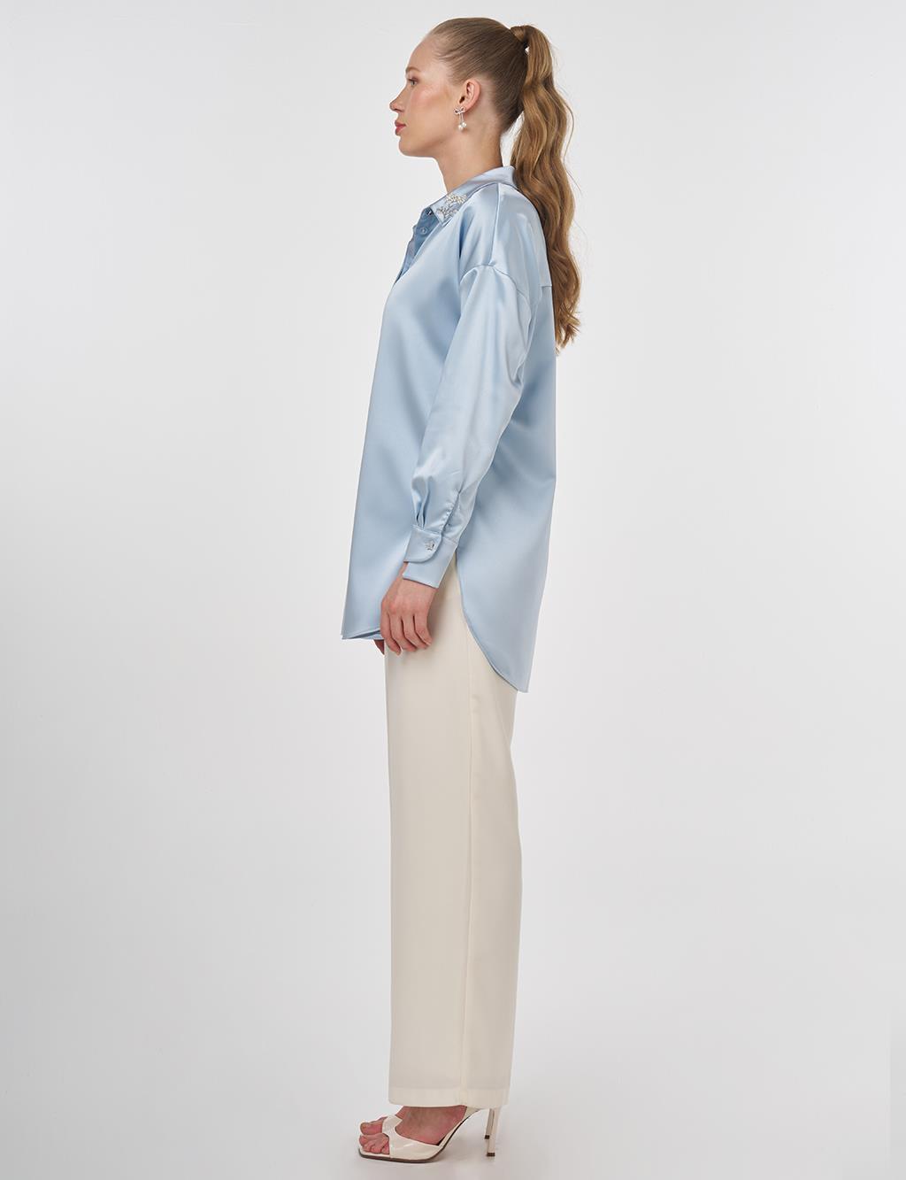 Embroidered Satin Tunic Blue