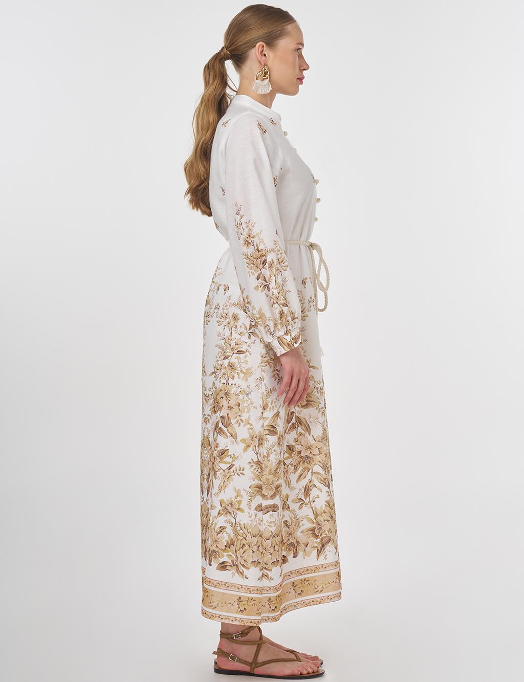 Floral Print Mandarin Collar Dress Ecru 