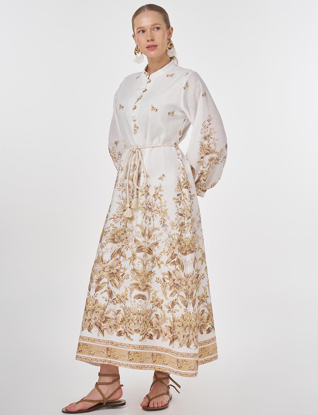 Floral Print Mandarin Collar Dress Ecru 