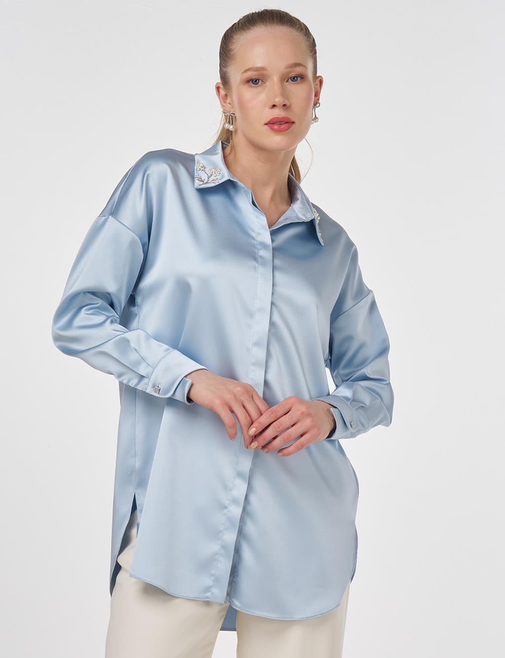 Embroidered Satin Tunic Blue