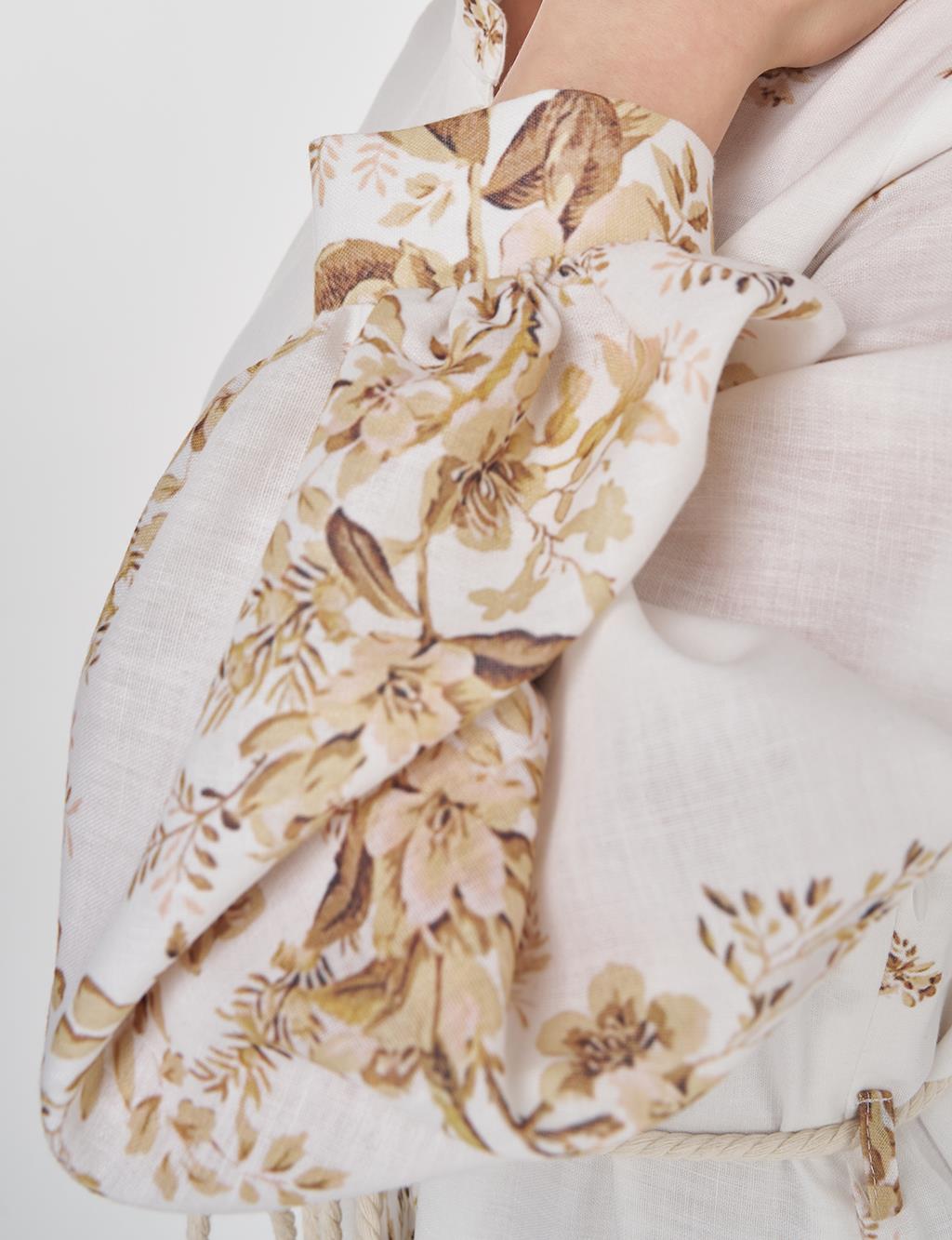 Floral Print Mandarin Collar Dress Ecru 
