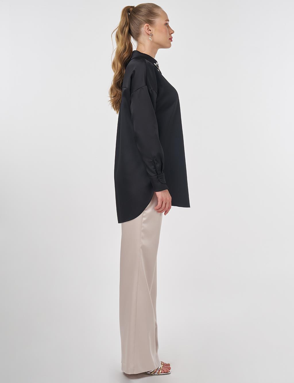 Embroidered Satin Tunic Black
