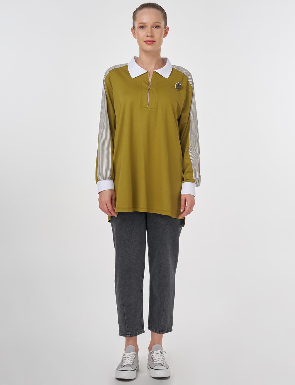 Brooch-Embellished Fabric-Trim Sweatshirt Khaki
