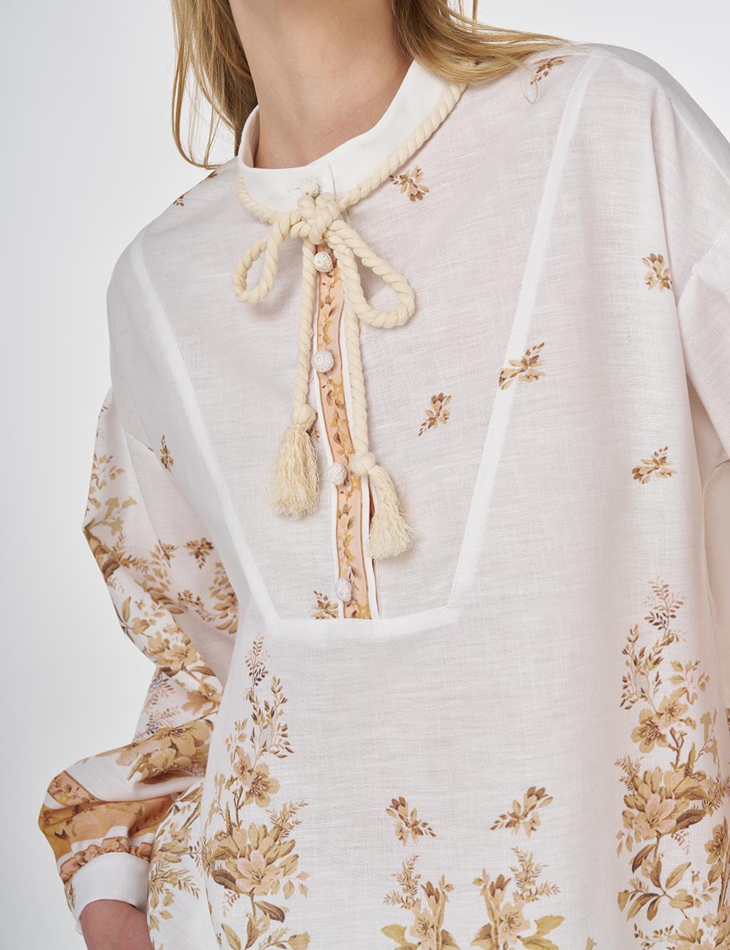 Floral Print Tie-Neck Blouse Ecru