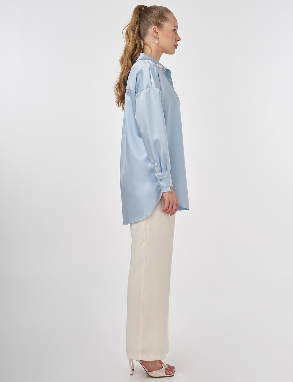 Embroidered Satin Tunic Blue