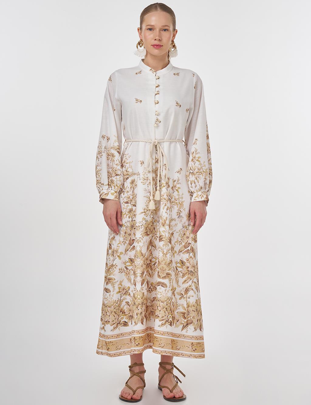 Floral Print Mandarin Collar Dress Ecru 