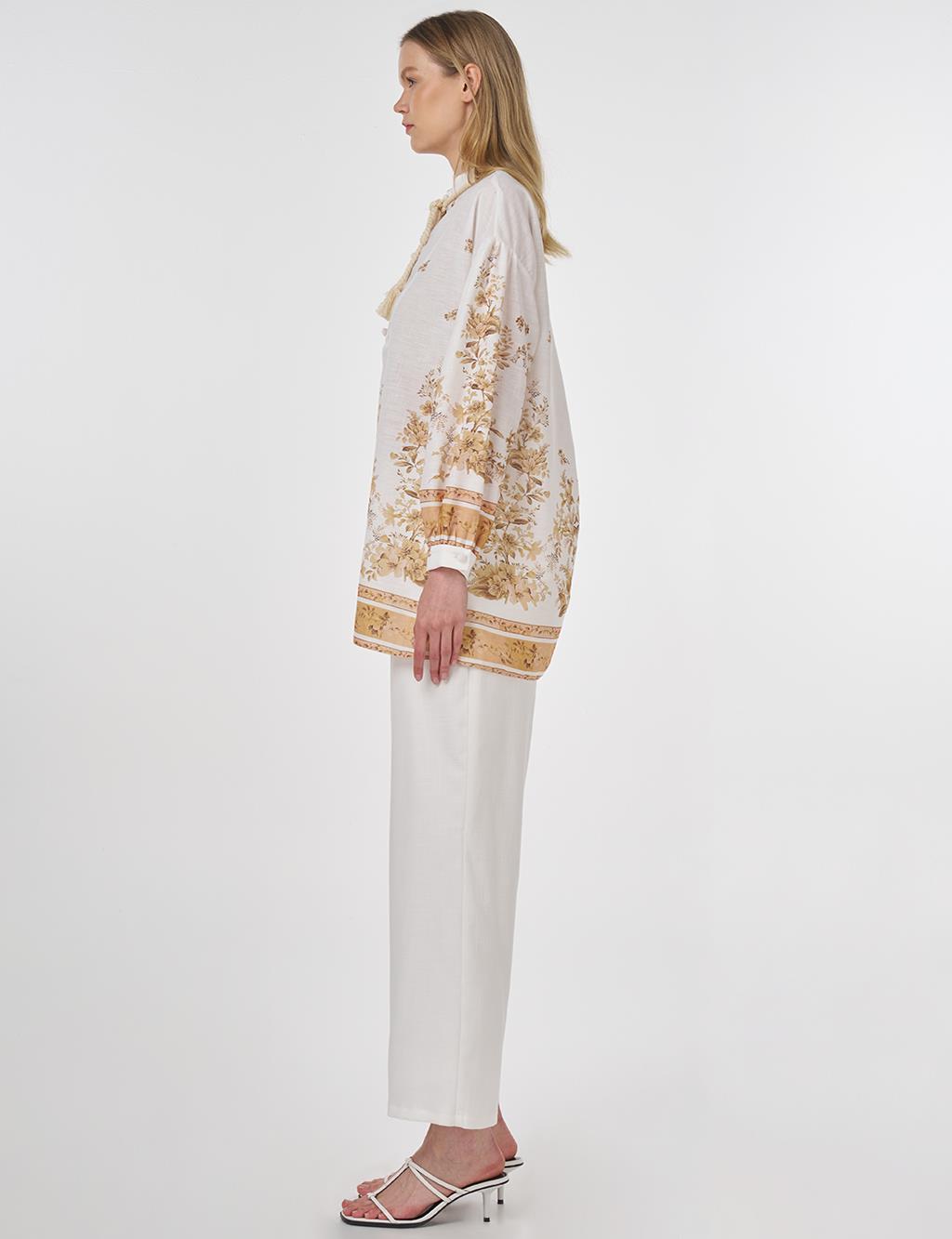 Floral Print Tie-Neck Blouse Ecru