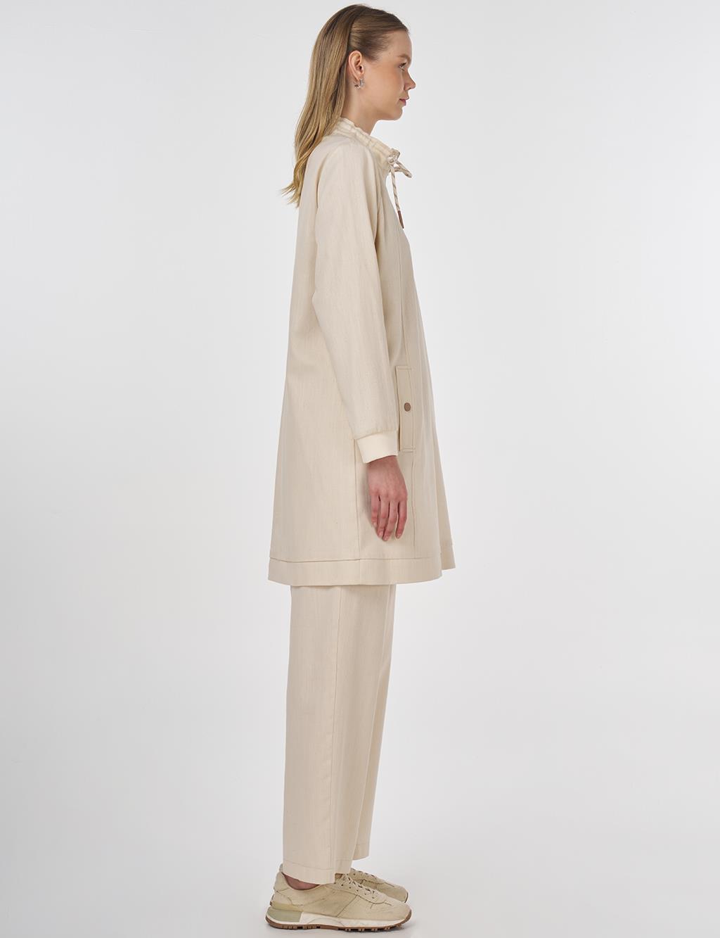 Drawstring Detailed Cotton Two-Piece Set Cream