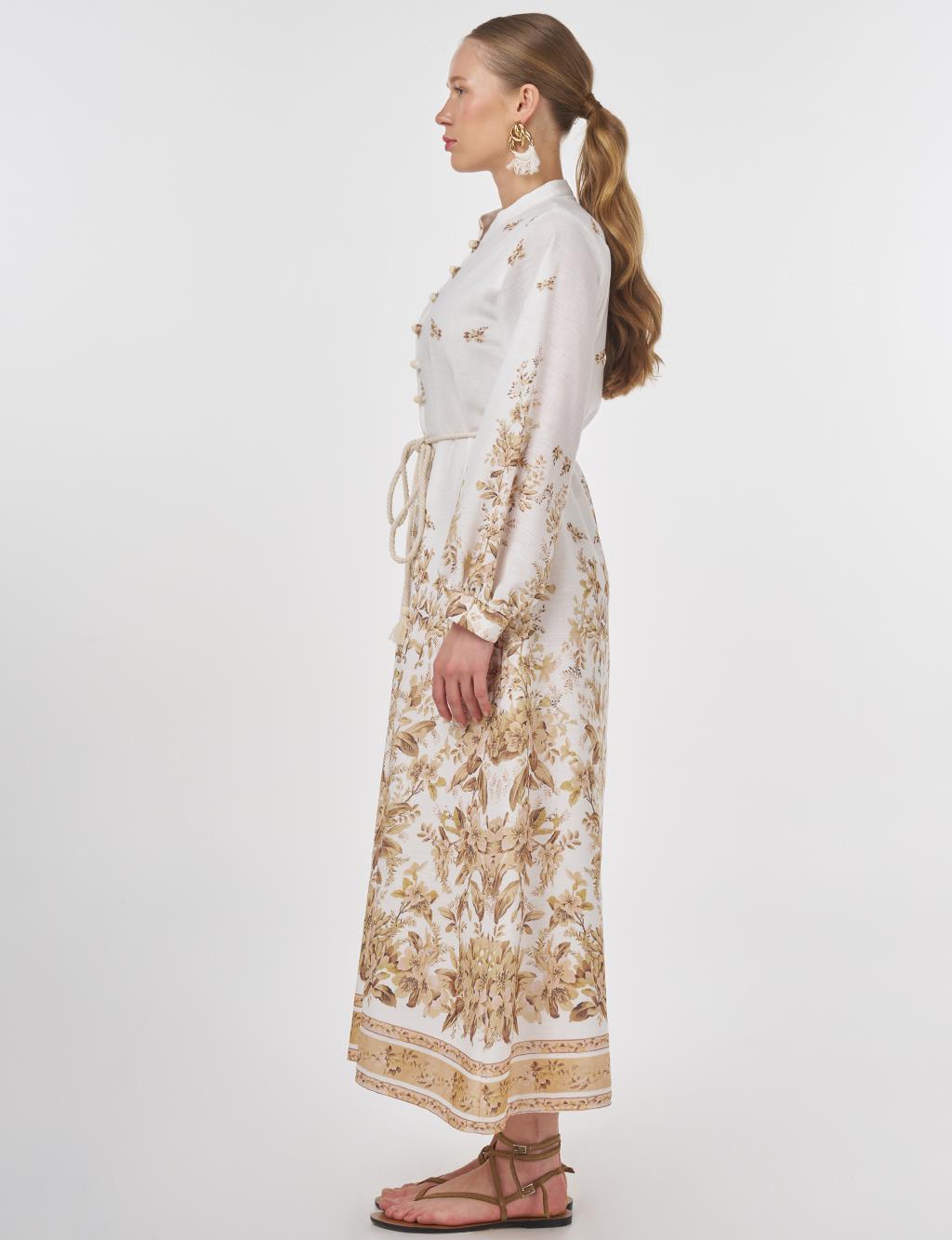 Floral Print Mandarin Collar Dress Ecru 