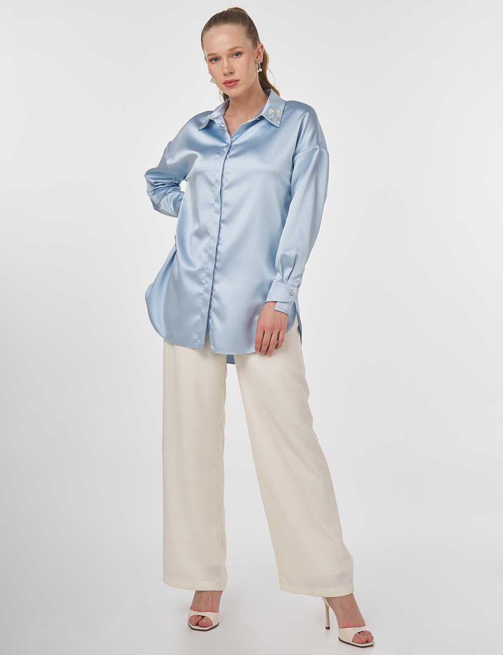 Embroidered Satin Tunic Blue
