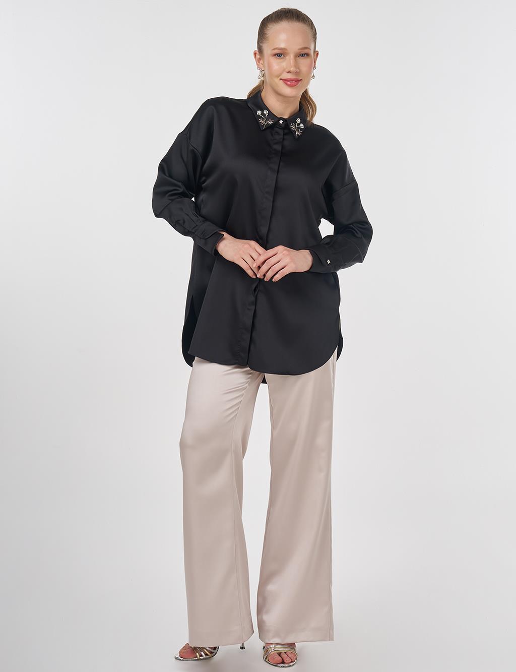 Embroidered Satin Tunic Black
