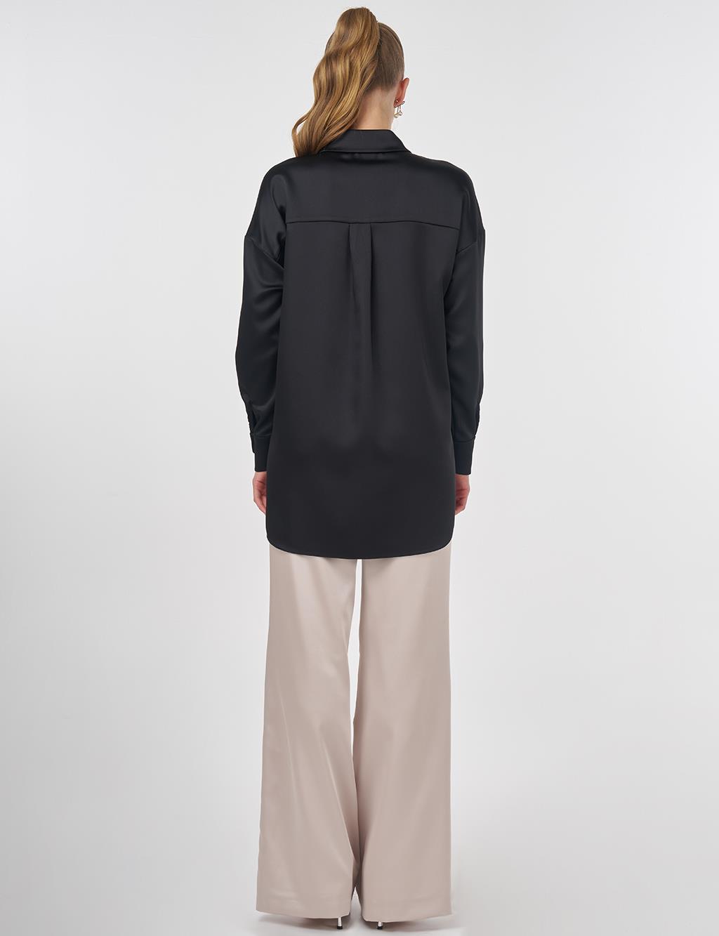 Embroidered Satin Tunic Black