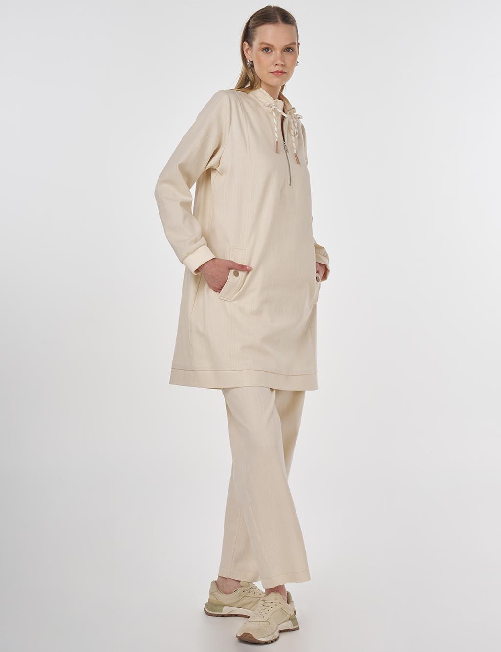 Drawstring Detailed Cotton Two-Piece Set Cream