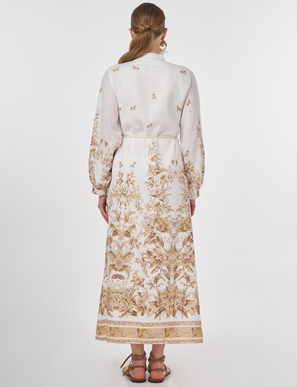 Floral Print Mandarin Collar Dress Ecru 