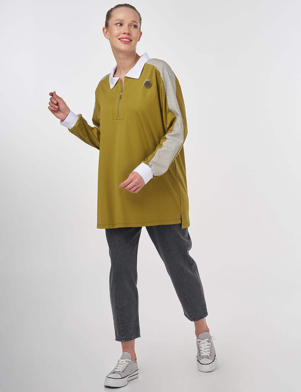 Brooch-Embellished Fabric-Trim Sweatshirt Khaki