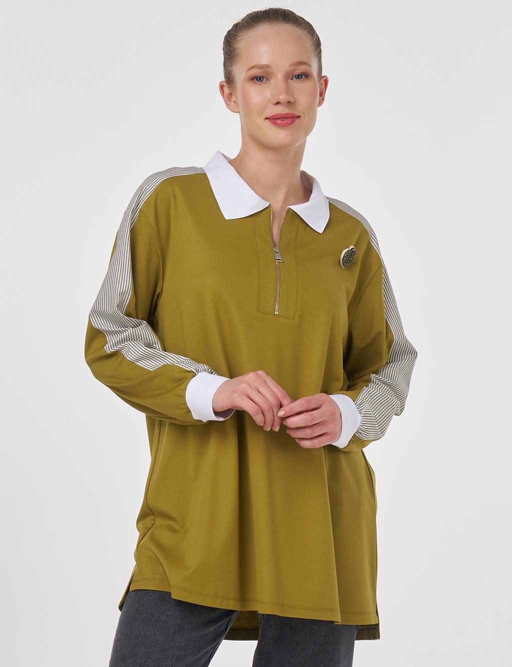 Brooch-Embellished Fabric-Trim Sweatshirt Khaki