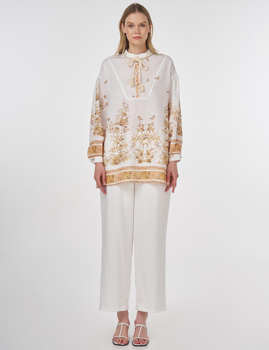 Floral Print Tie-Neck Blouse Ecru