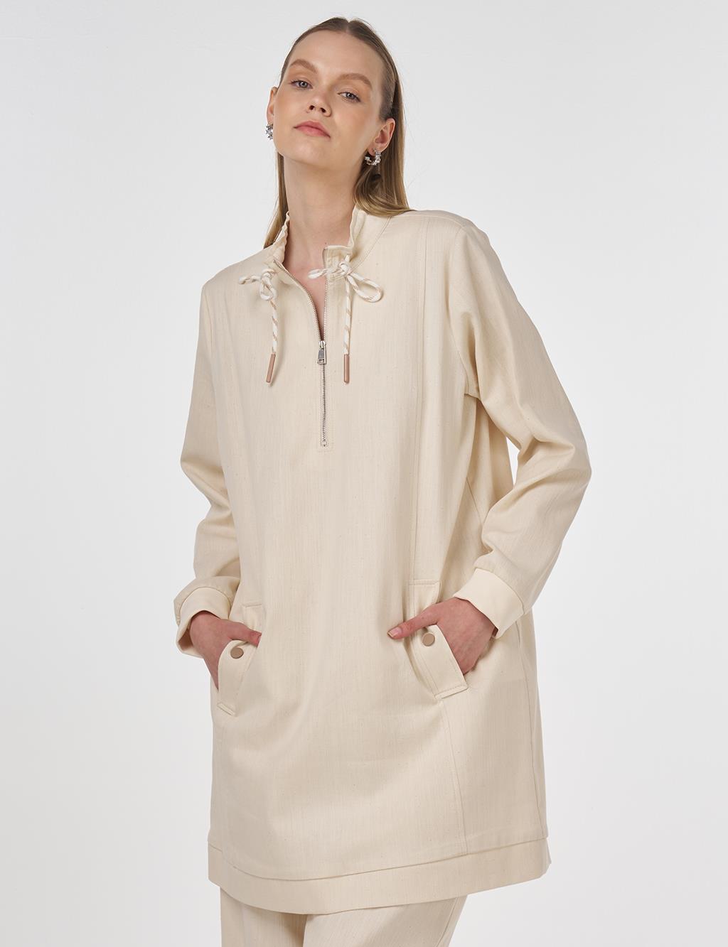 Drawstring Detailed Cotton Two-Piece Set Cream