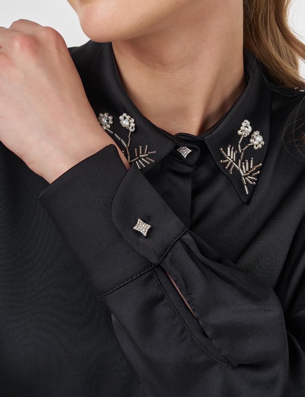 Embroidered Satin Tunic Black