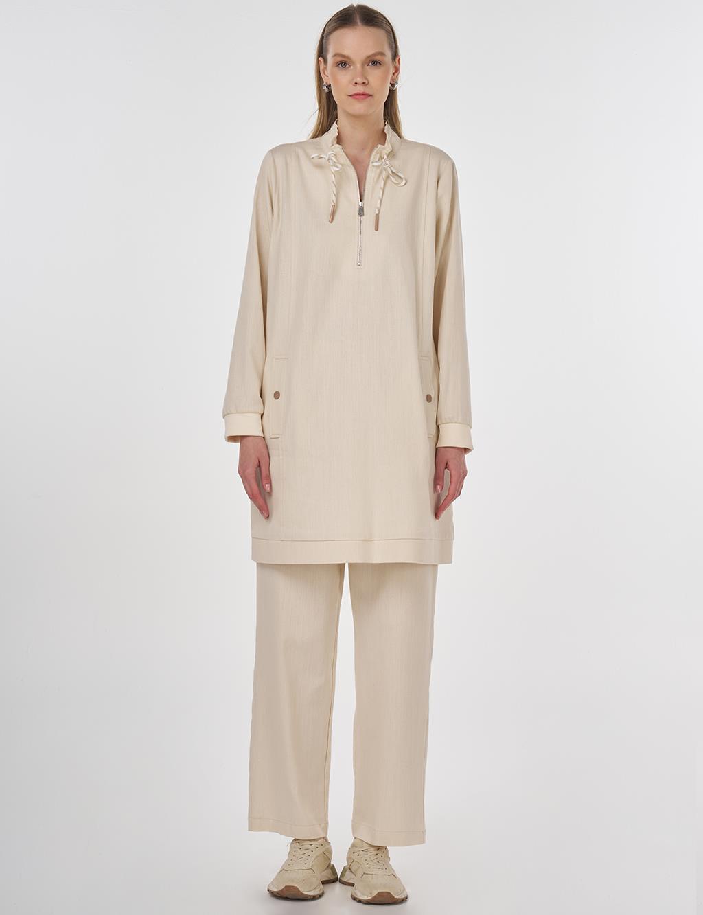 Drawstring Detailed Cotton Two-Piece Set Cream