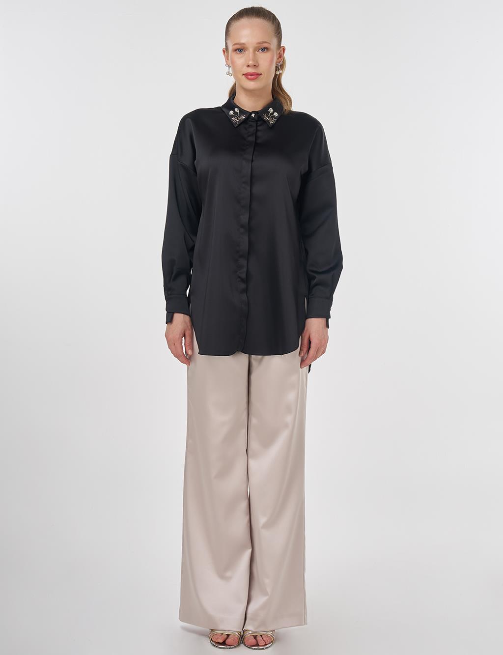 Embroidered Satin Tunic Black