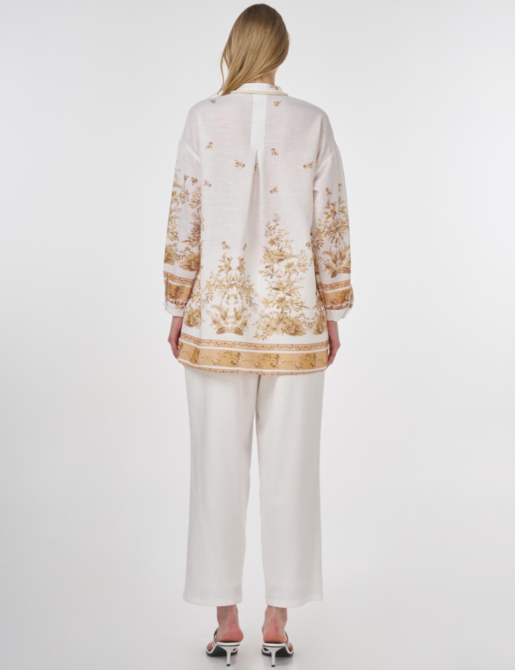 Floral Print Tie-Neck Blouse Ecru