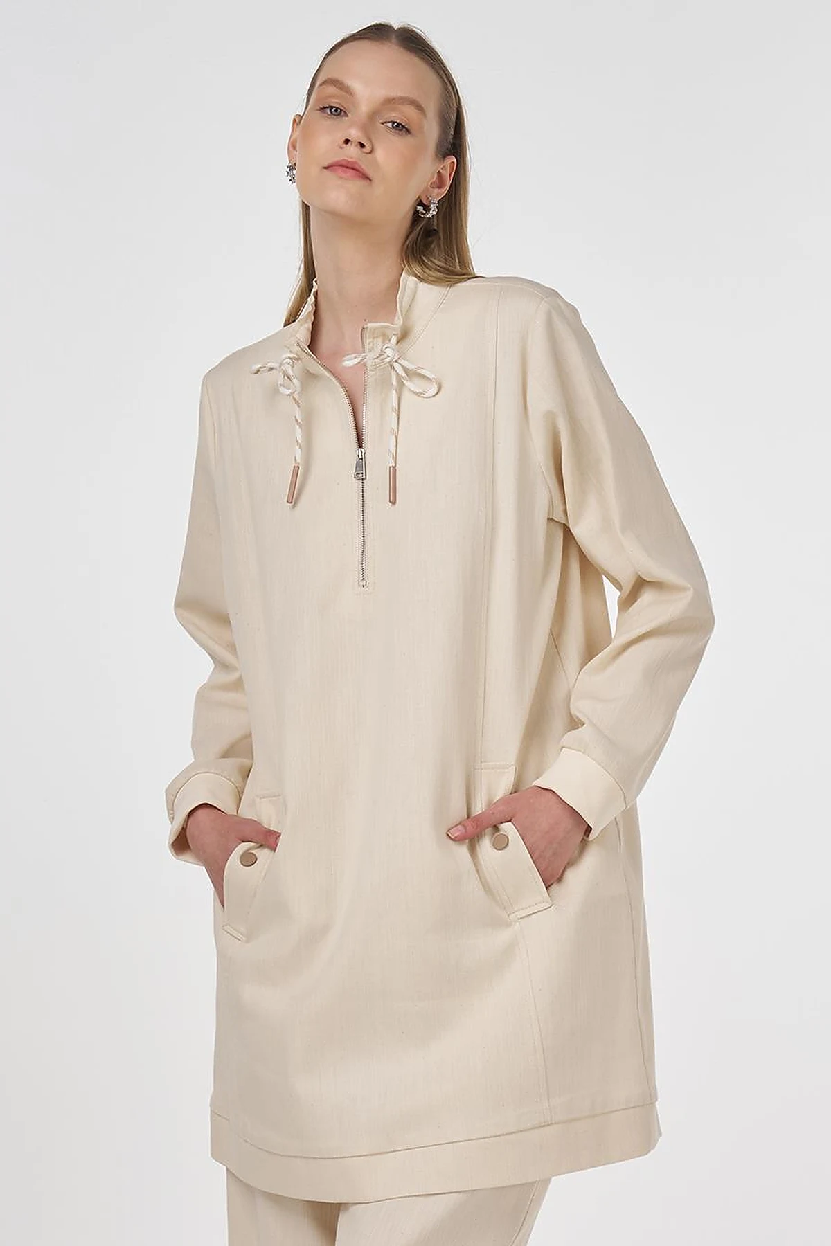 Drawstring Detailed Cotton Two-Piece Set Cream