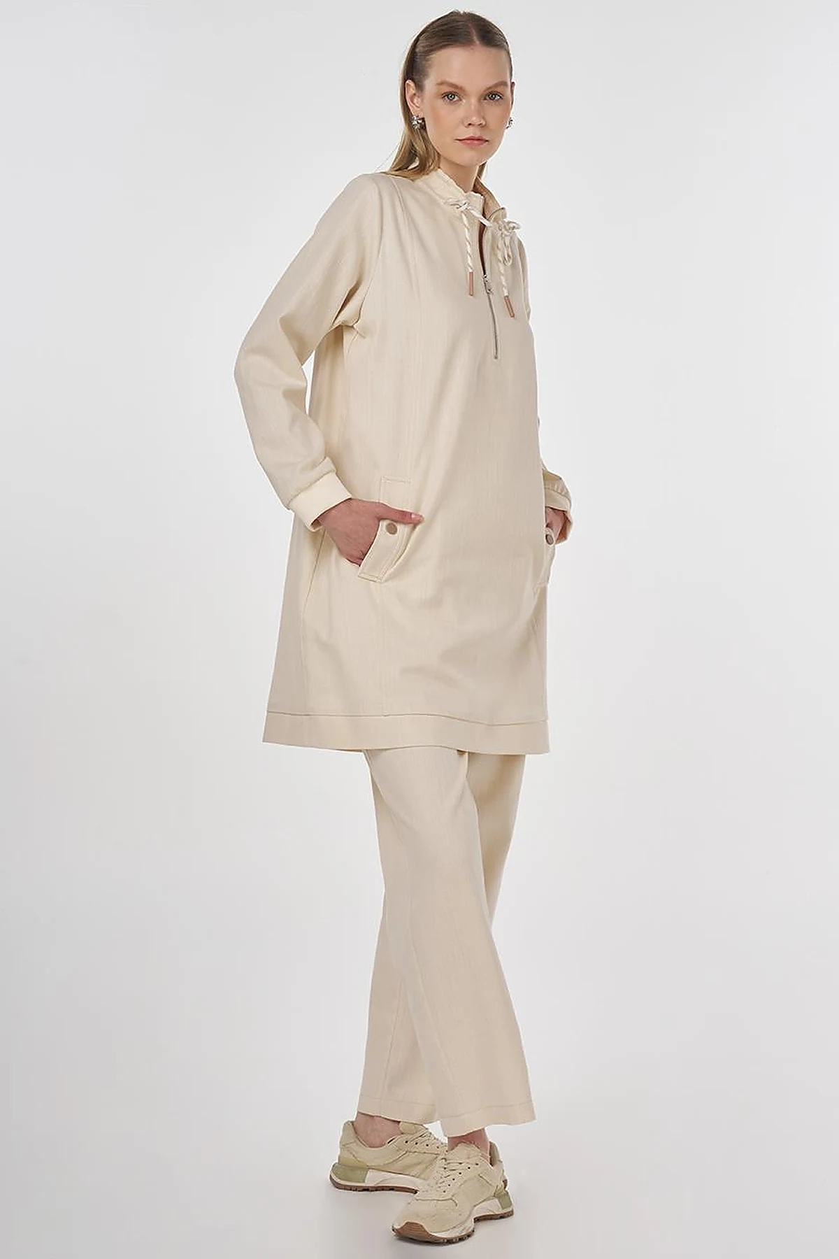 Drawstring Detailed Cotton Two-Piece Set Cream