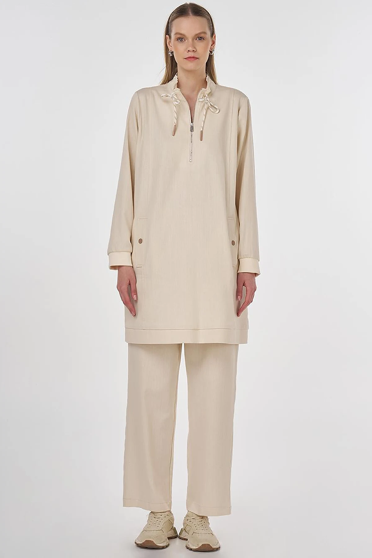 Drawstring Detailed Cotton Two-Piece Set Cream