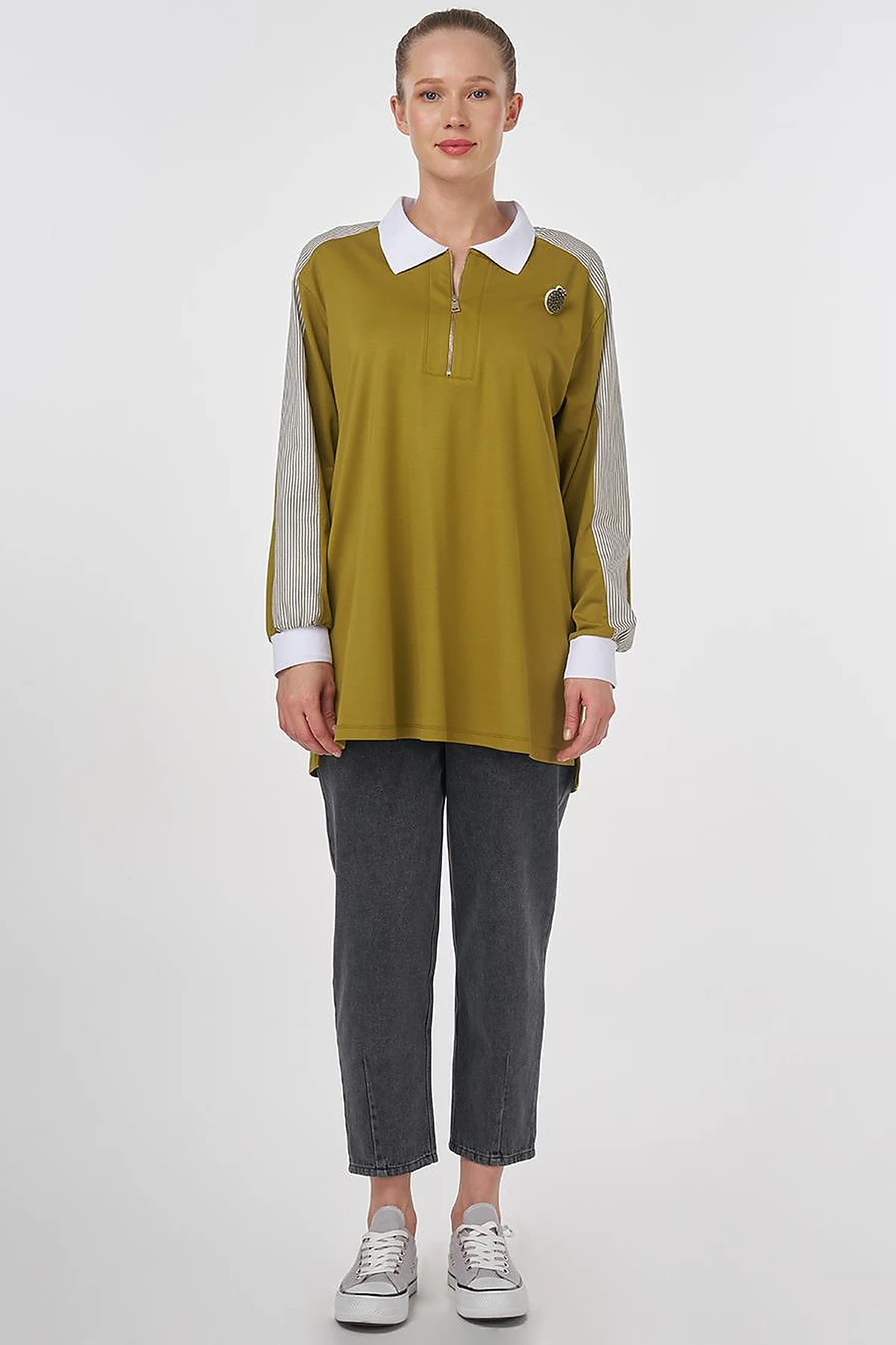 Brooch-Embellished Fabric-Trim Sweatshirt Khaki