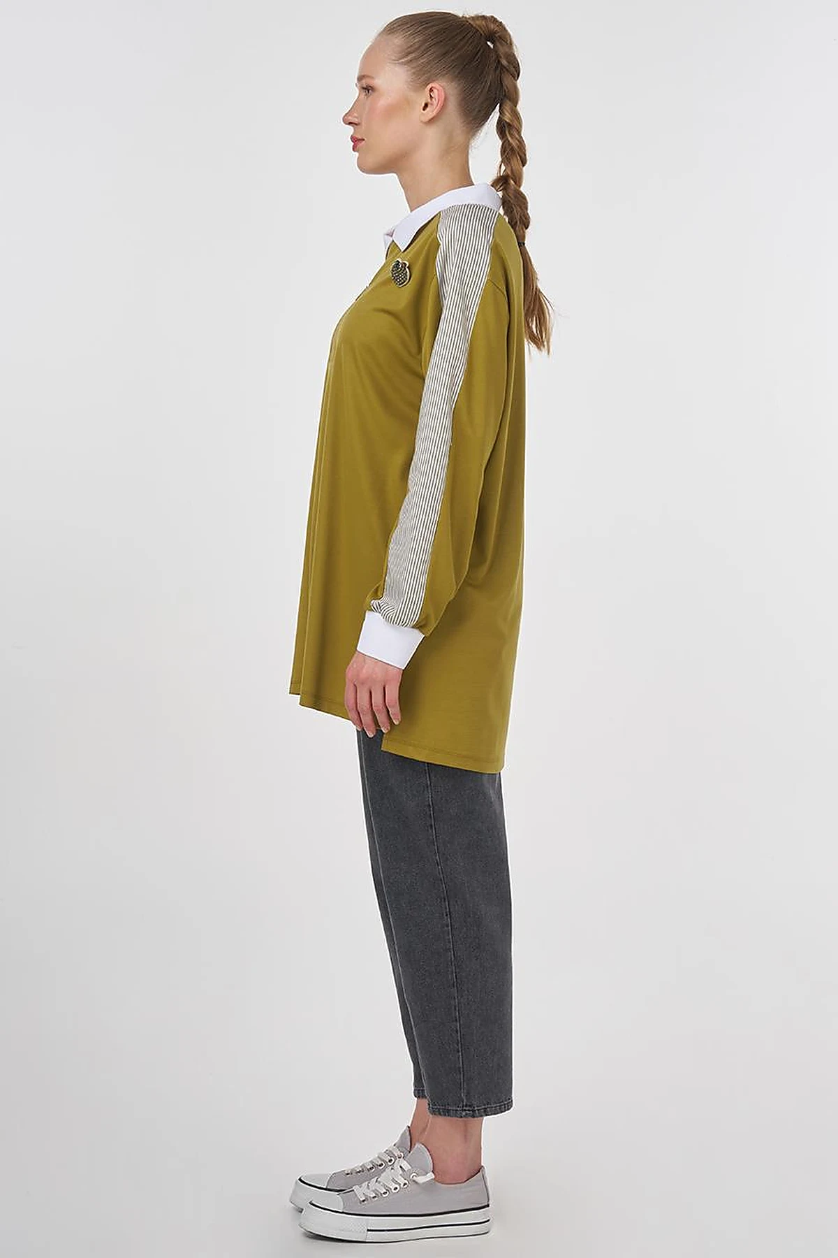 Brooch-Embellished Fabric-Trim Sweatshirt Khaki