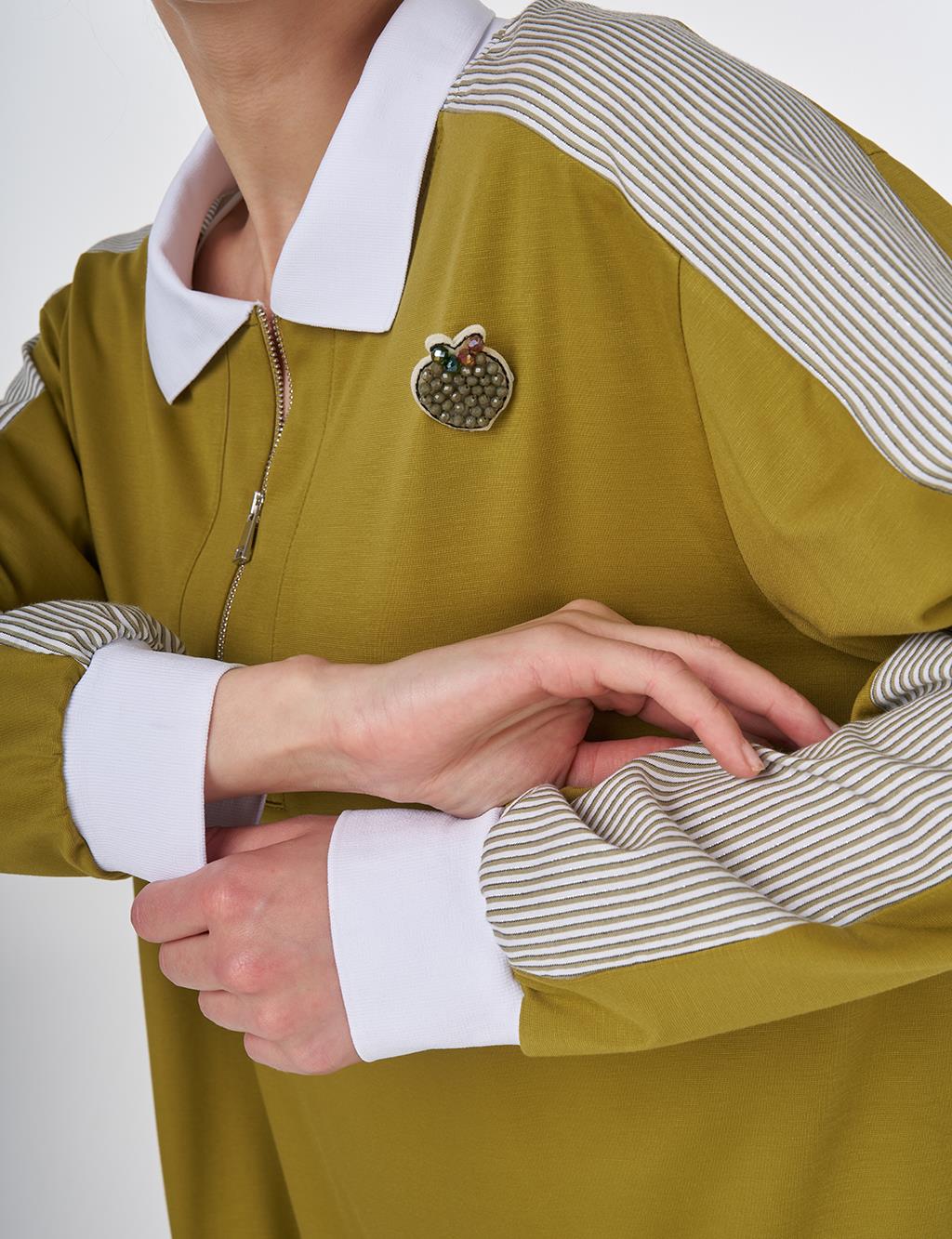 Brooch-Embellished Fabric-Trim Sweatshirt Khaki