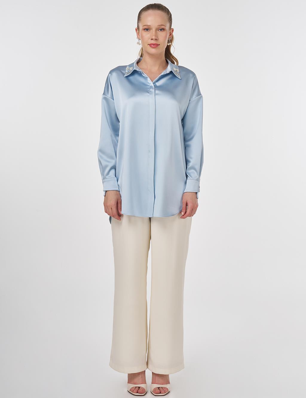 Embroidered Satin Tunic Blue