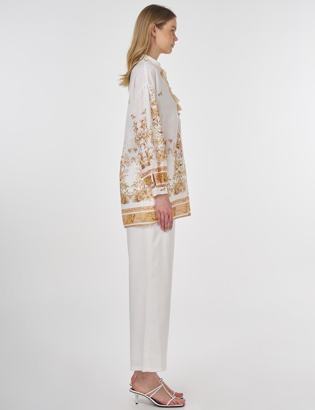 Floral Print Tie-Neck Blouse Ecru