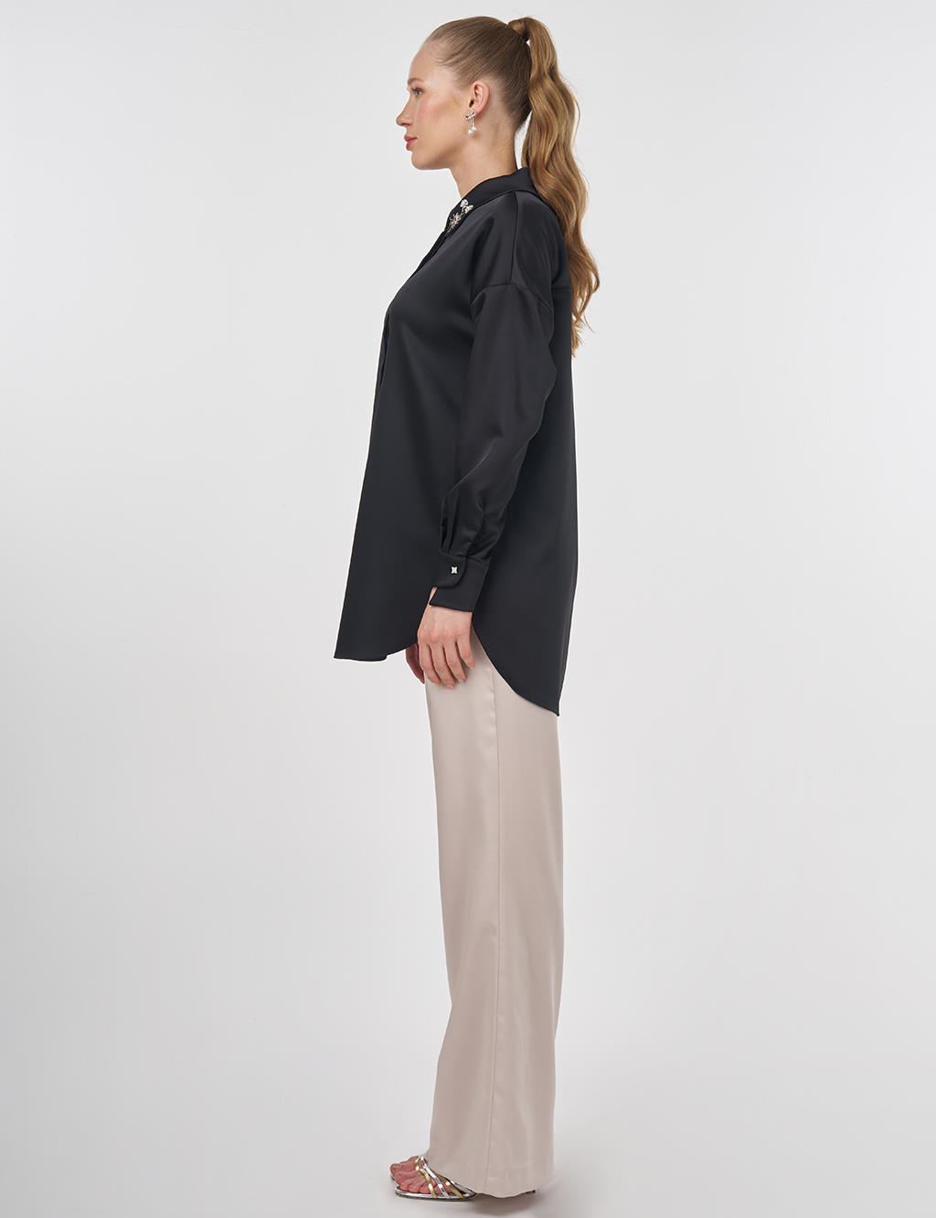 Embroidered Satin Tunic Black