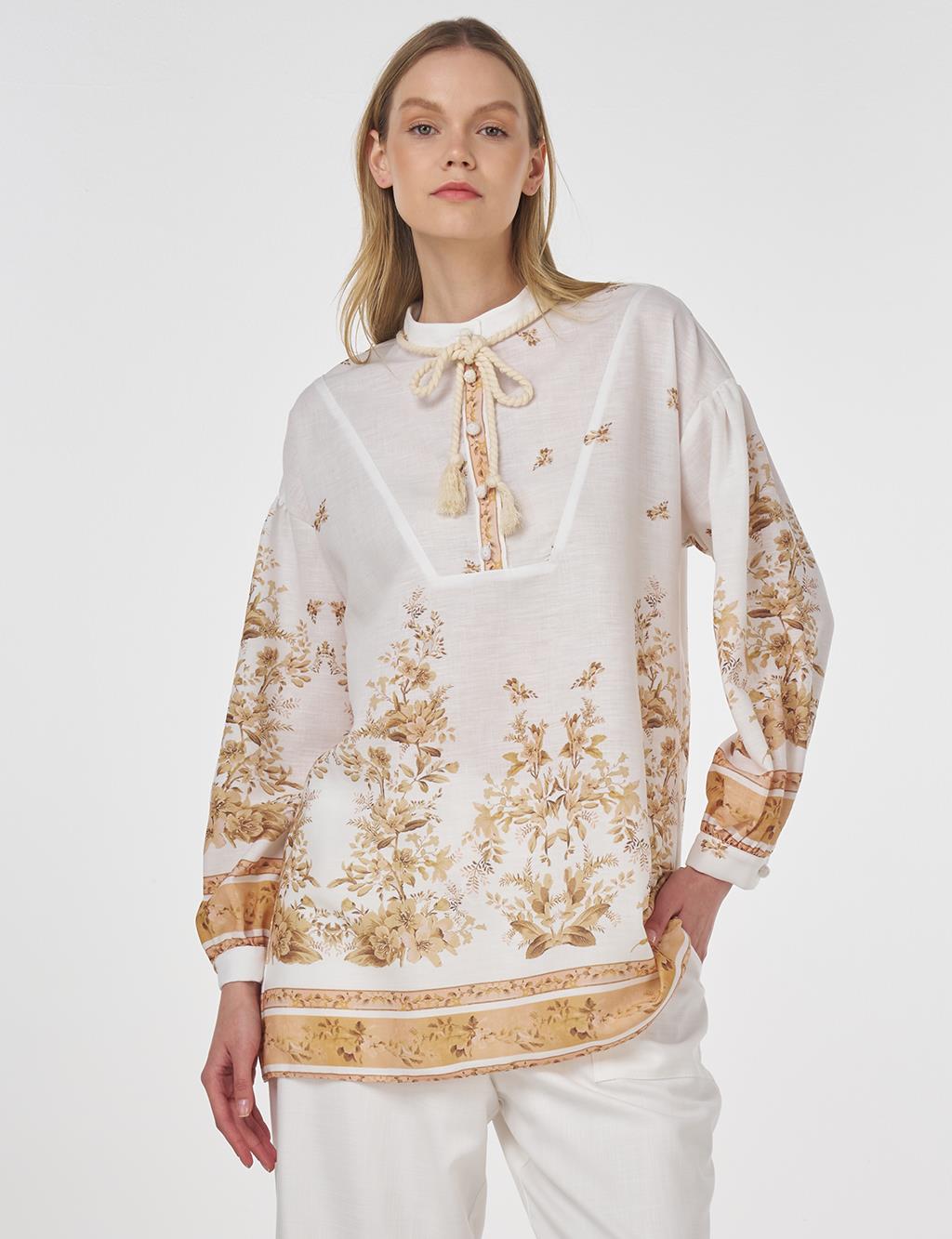 Floral Print Tie-Neck Blouse Ecru