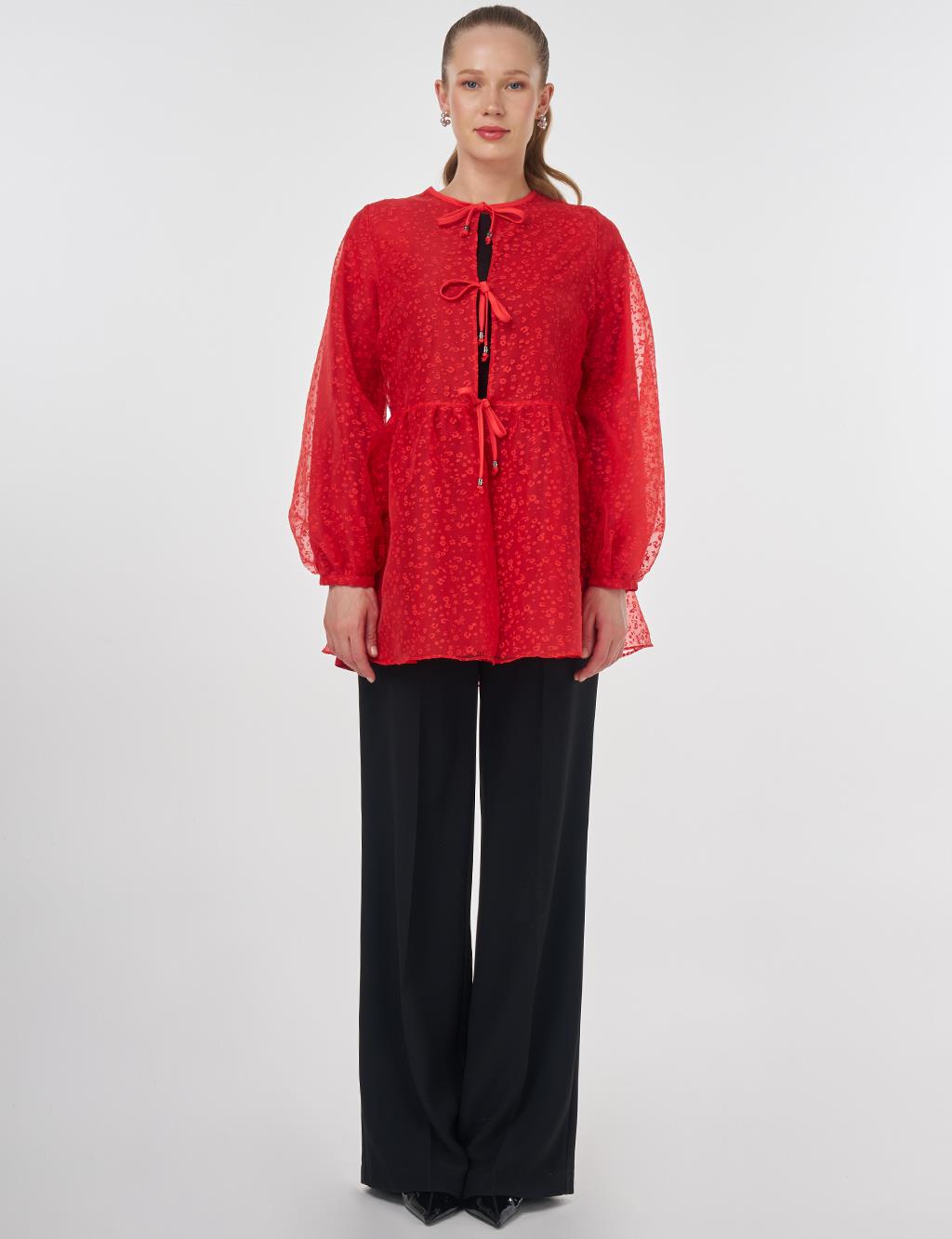 Patterned Organza Blouse Red