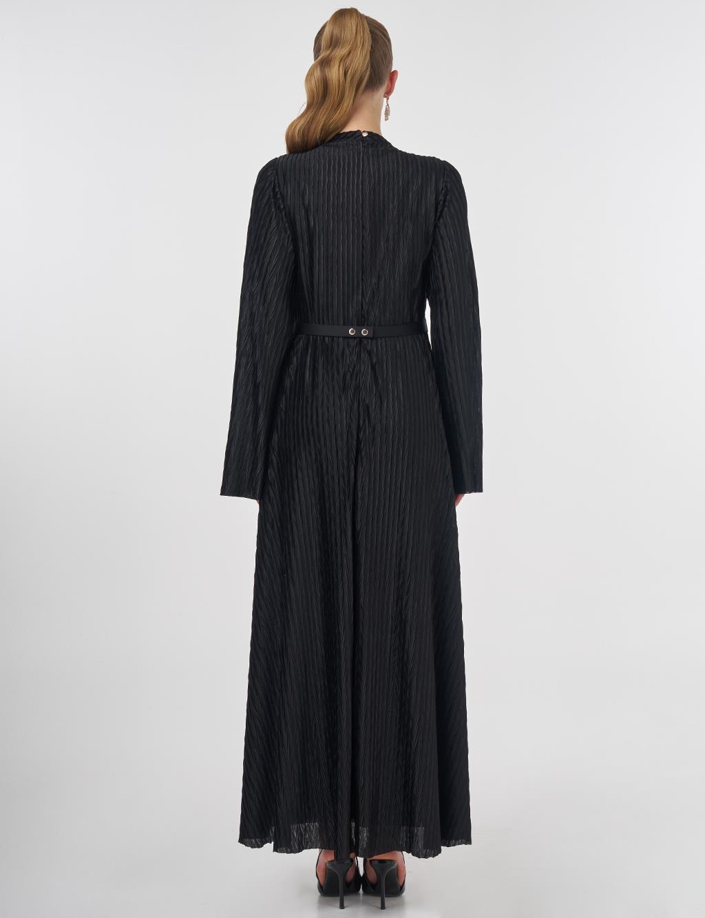 Belted Pleated Elegant Dress Black 