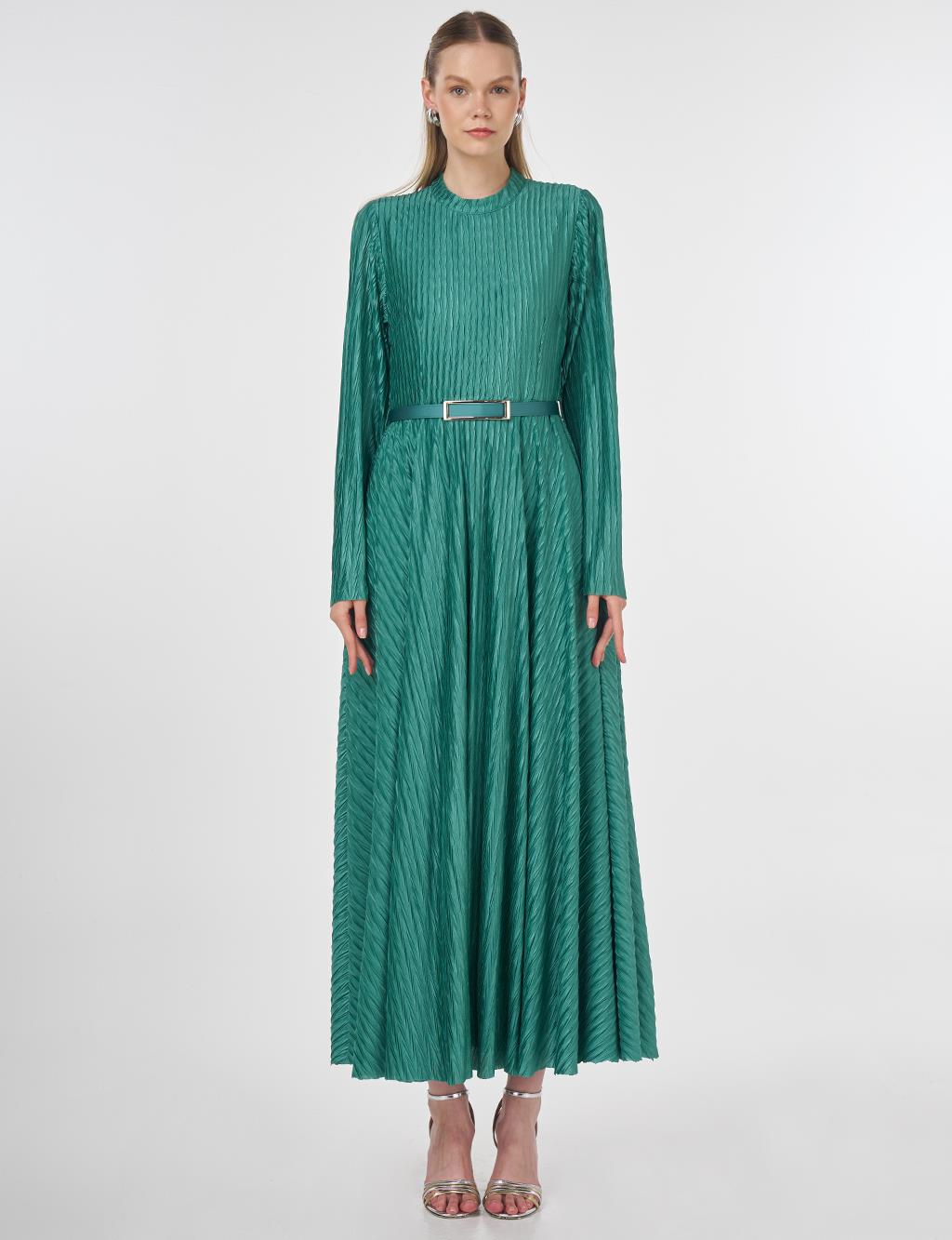 Belted Pleated Elegant Dress Forest Green
