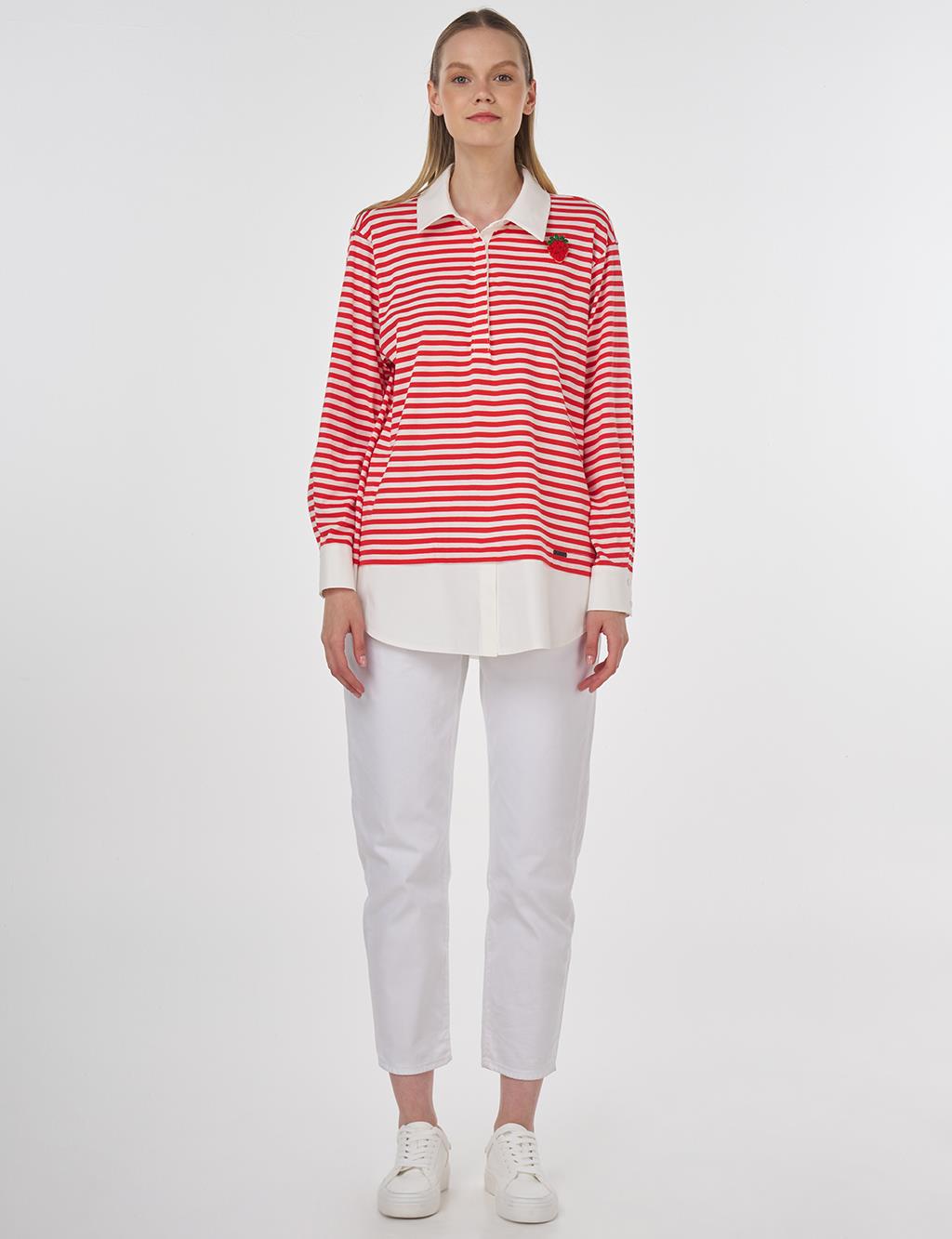 Cotton Sweatshirt with Brooch Detail Red