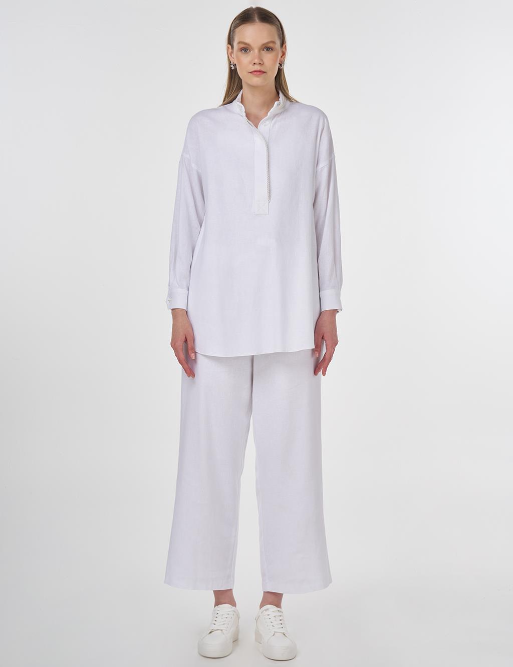 Pearl-Embellished Linen-Blend Tunic in Optical White