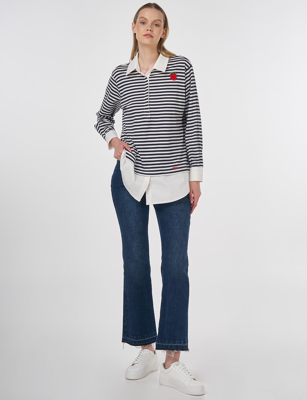 Cotton Sweatshirt with Brooch Detail Dark Navy 