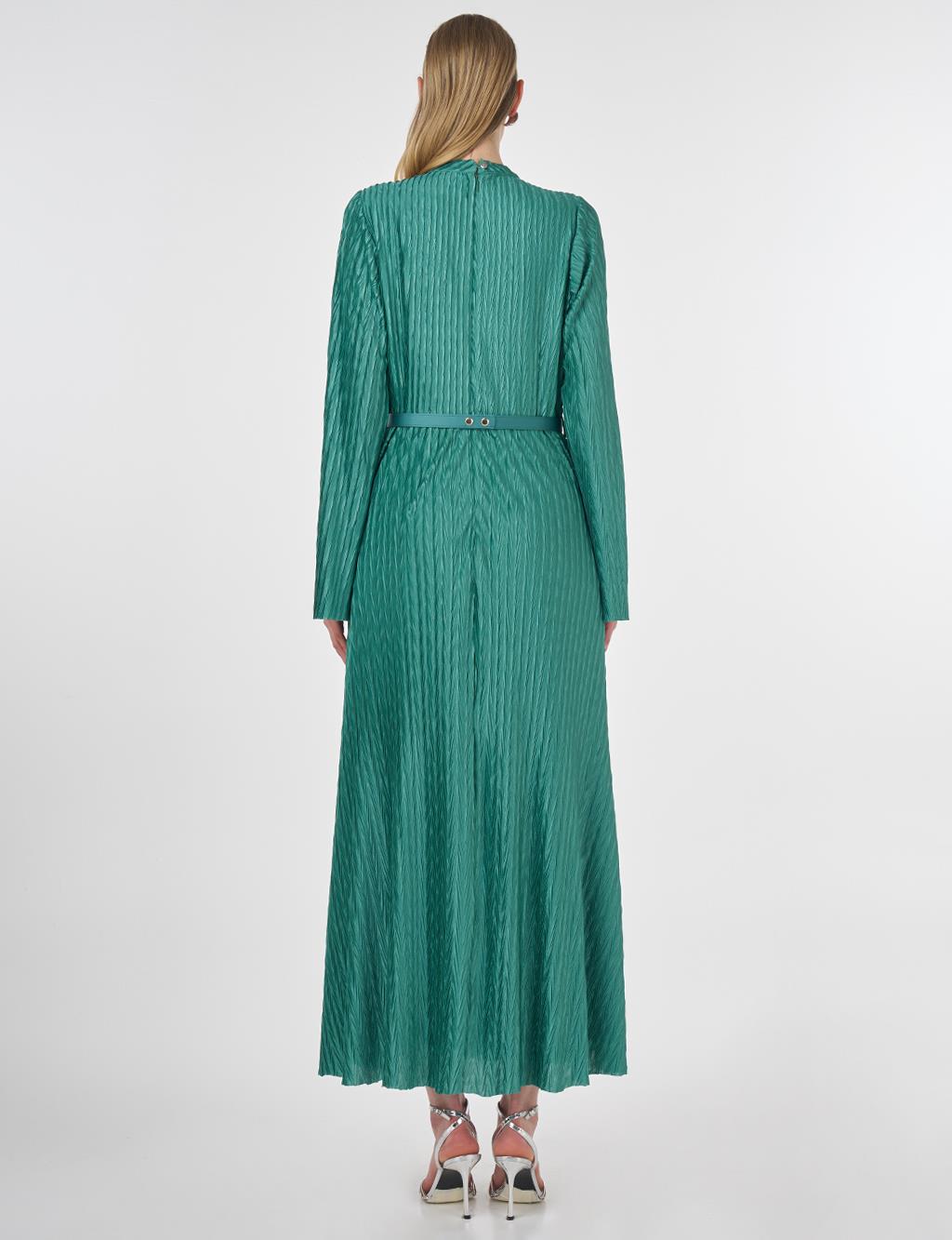 Belted Pleated Elegant Dress Forest Green